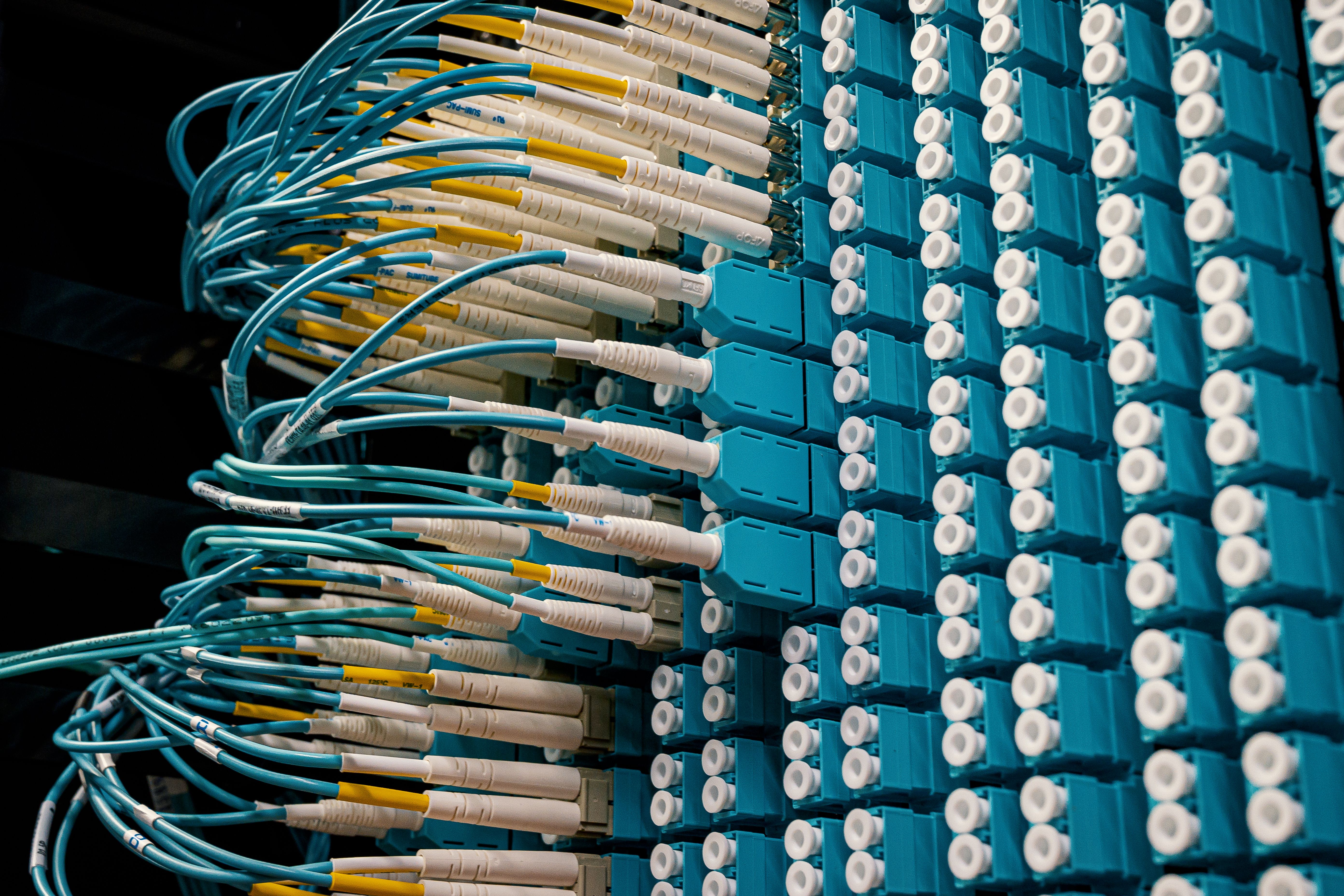 Aqua LC fiber dressed into a patch panel.